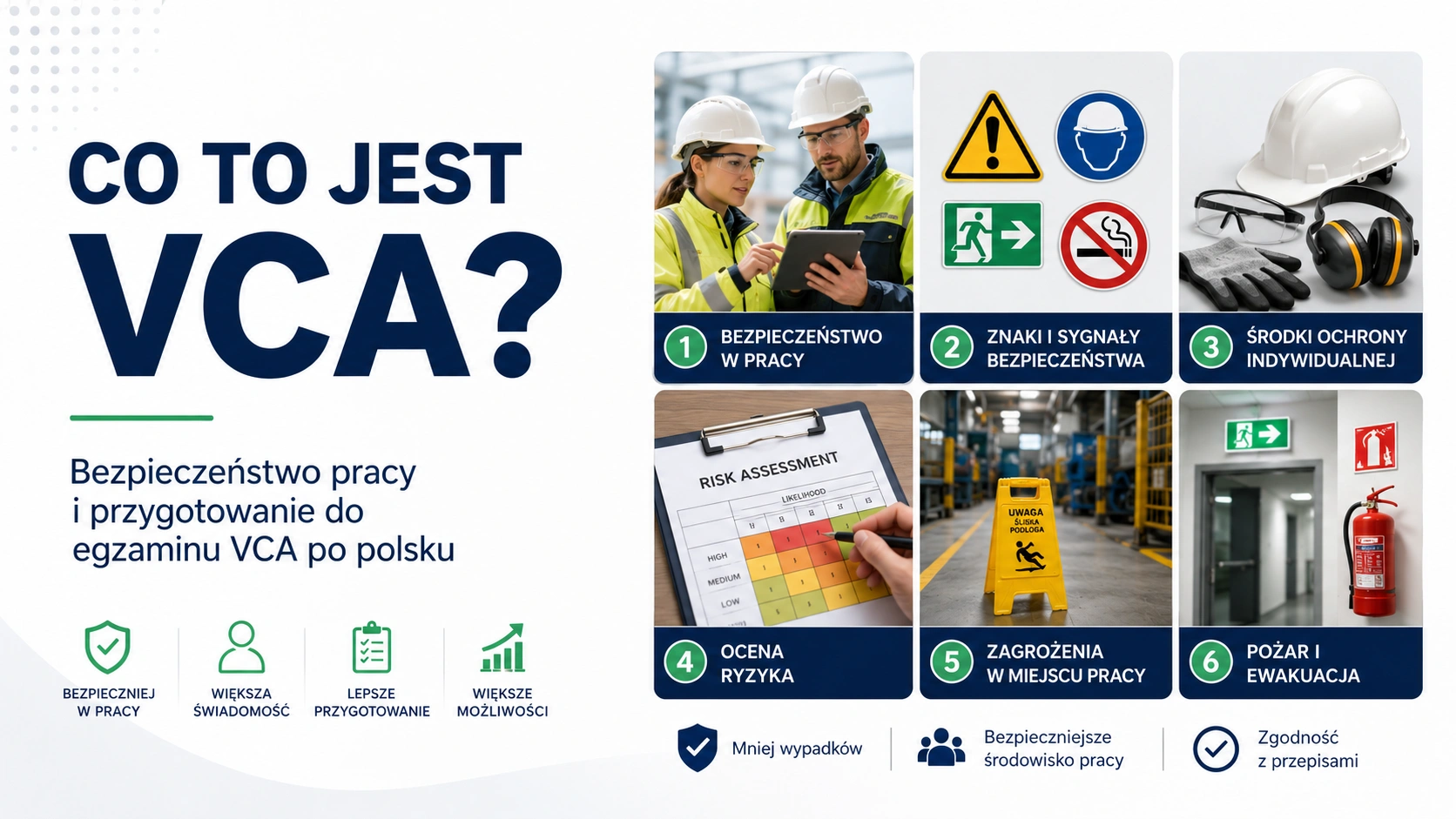 Schemat tematów VCA po polsku: bezpieczeństwo pracy, znaki, środki ochrony i ocena ryzyka