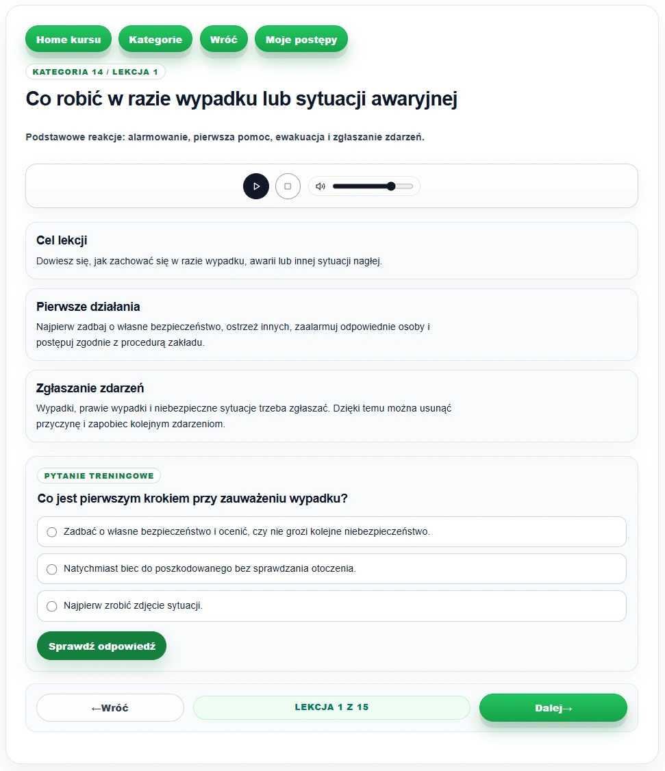 Plan nauki do VCA po polsku z lekcjami, quizami, powtórką błędów i egzaminem próbnym
