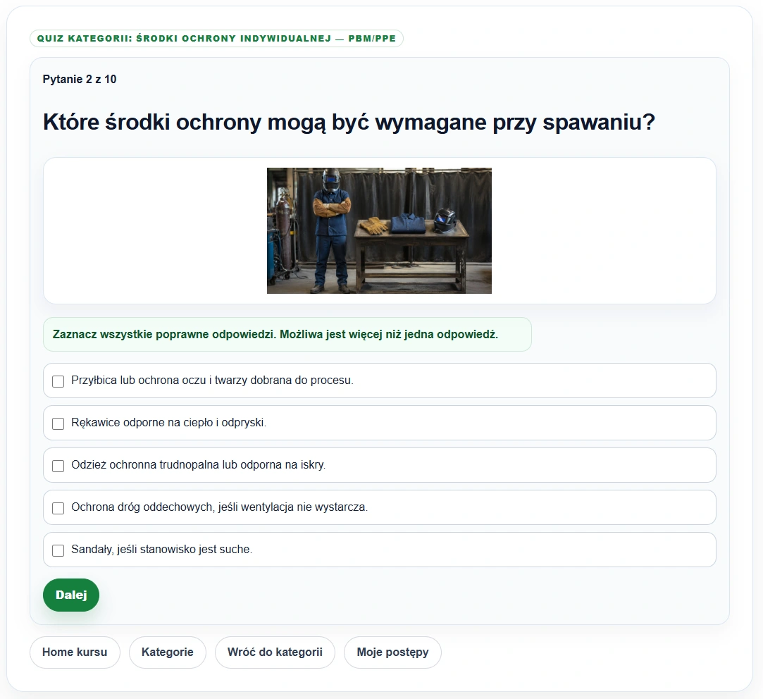 Przykładowy ekran testu VCA z pytaniami i wynikiem próbnym po polsku