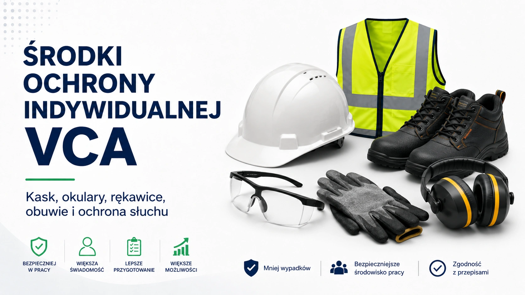 Środki ochrony indywidualnej VCA: kask, okulary, rękawice, obuwie i ochrona słuchu