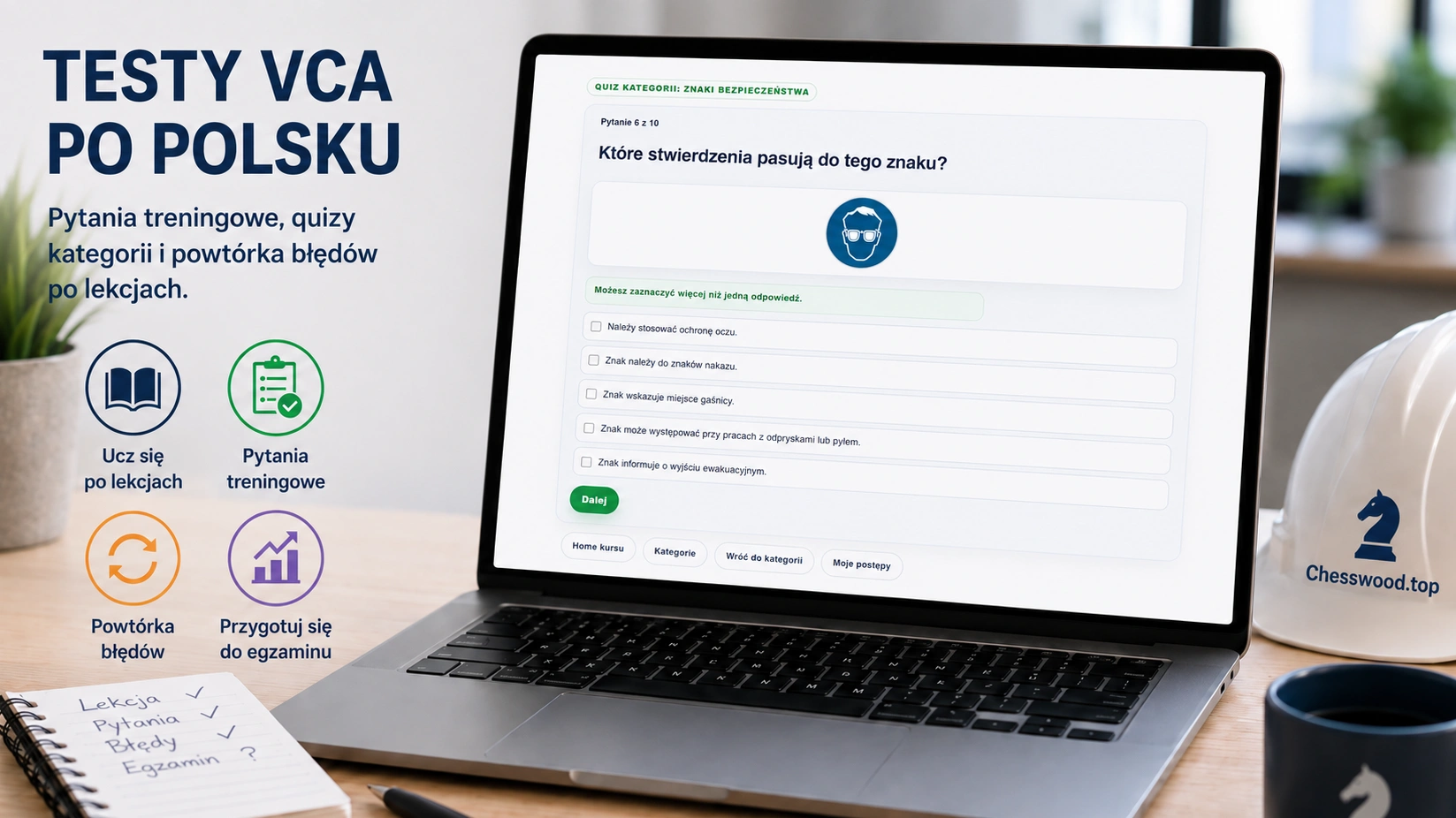 Testy VCA po polsku na ekranie z pytaniami treningowymi i quizami kategorii