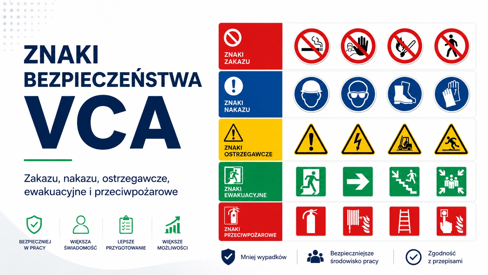 Grupy znaków bezpieczeństwa VCA: zakazu, nakazu, ostrzegawcze, ewakuacyjne i przeciwpożarowe