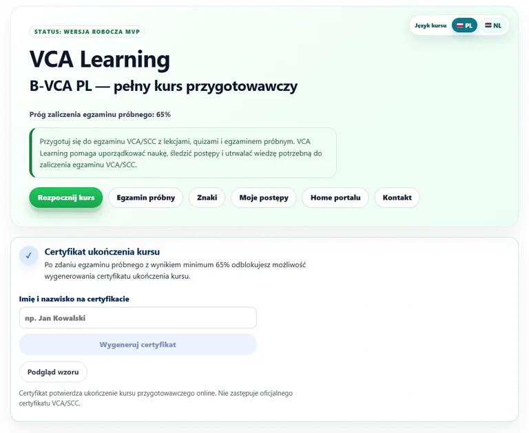 Materiały do przygotowania do egzaminu VCA online z lekcjami i testami