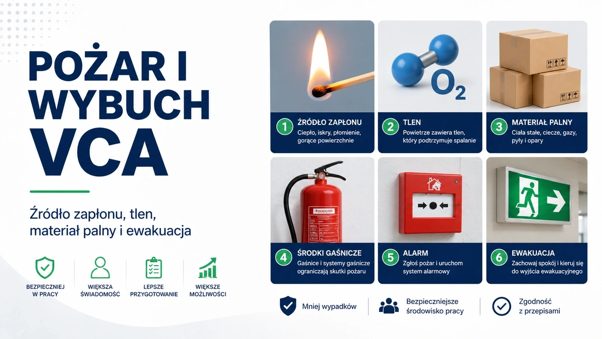 Podstawy pożaru i wybuchu w VCA: źródło zapłonu, tlen, materiał palny i ewakuacja