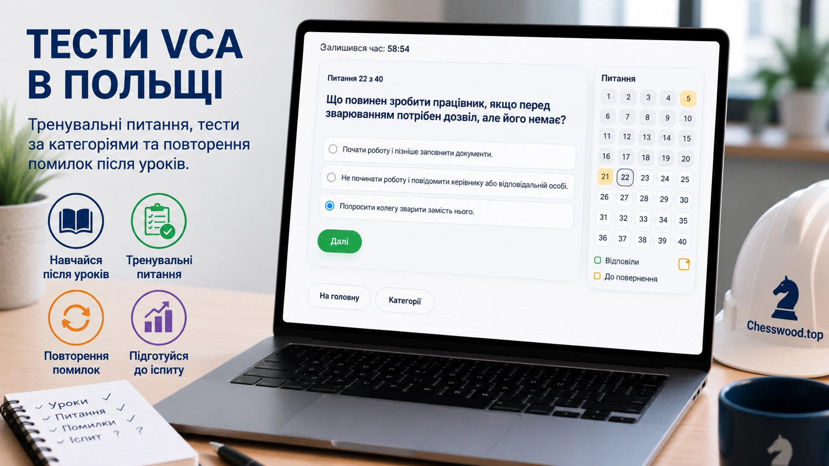 Пробний іспит VCA українською з тренувальними питаннями, результатом і повторенням помилок