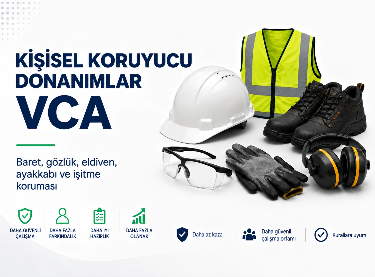 VCA kişisel koruyucu donanımlar: baret, gözlük, eldiven ve güvenlik ekipmanları