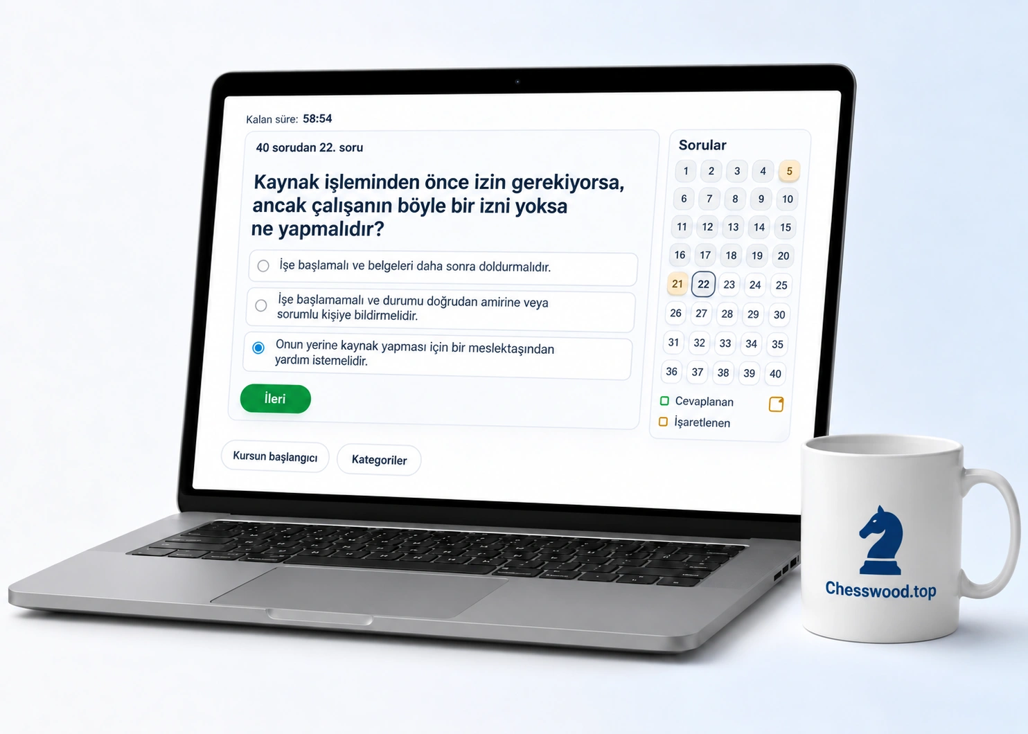 Türkçe B-VCA deneme sınavı, pratik soruları ve sonuç ekranı